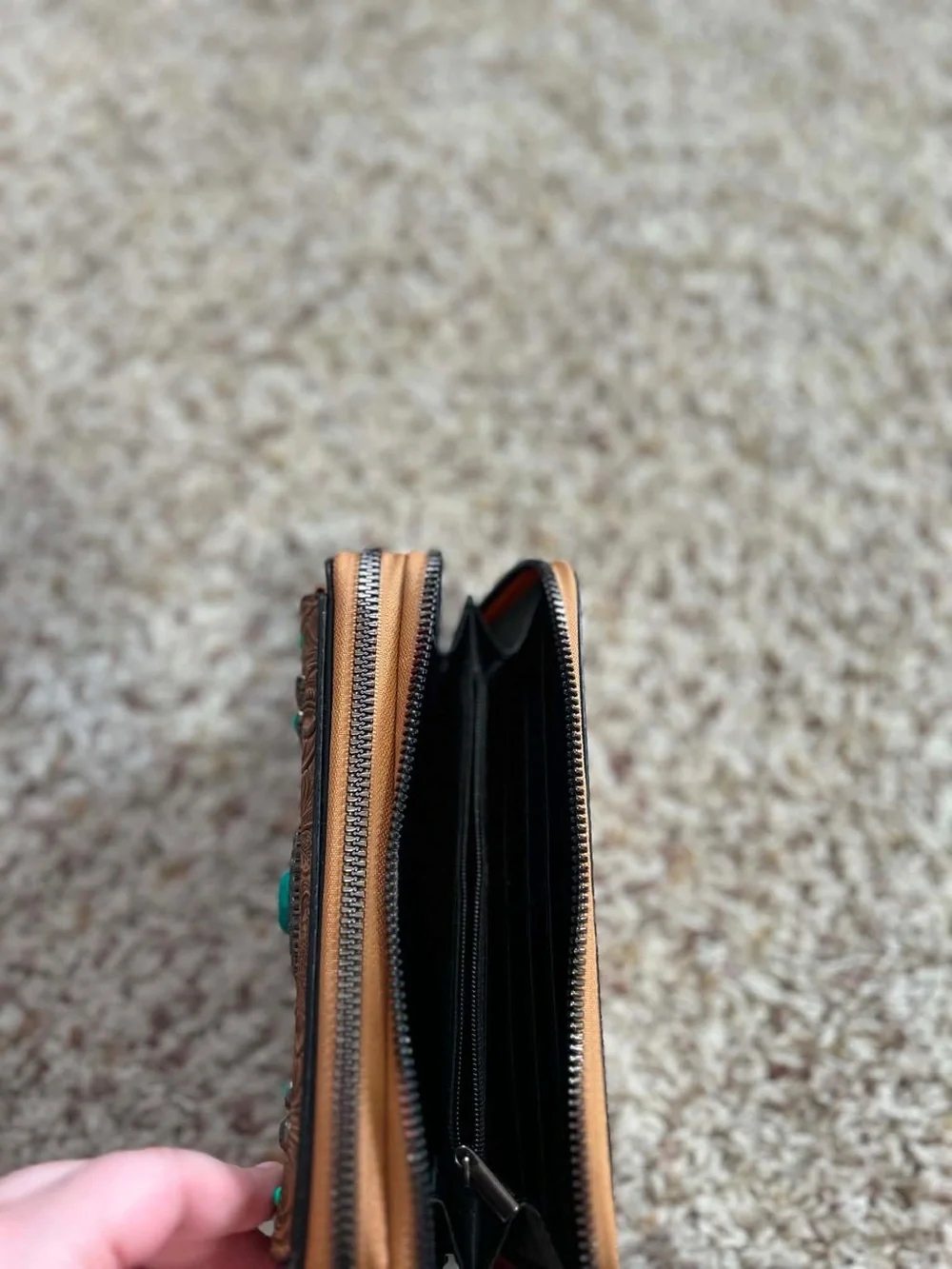 Western Turquoise Accent Brown Leather Wallet with Tassel